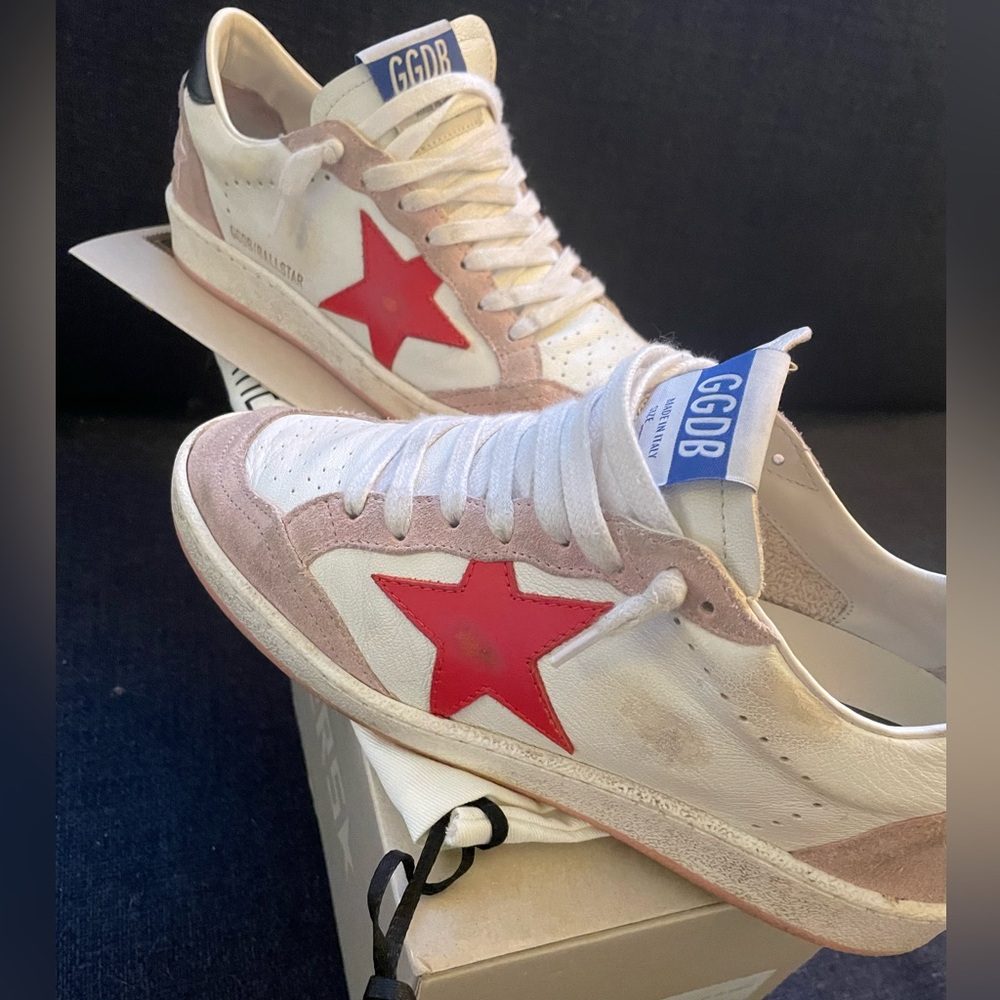 Golden Goose Ballstar size 37. Baby pink suede, red star, black back tab.